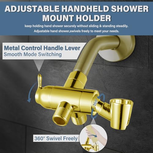 Shower Diverter Valve with Handshower Mount, G1/2 Brass Shower Arm Diverter 3 Way Bathroom Universal Shower System Replacement for Handheld Shower and Fixed Shower Head, Polisded Gold - color: Polished Gold