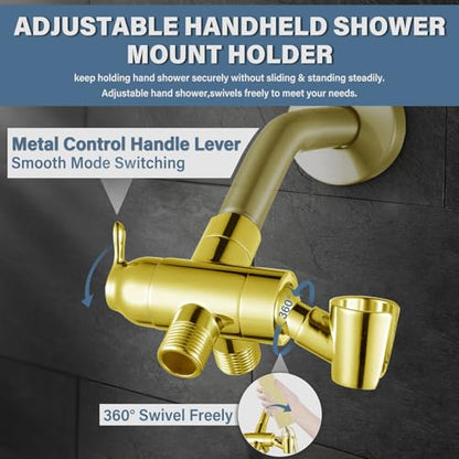Shower Diverter Valve with Handshower Mount, G1/2 Brass Shower Arm Diverter 3 Way Bathroom Universal Shower System Replacement for Handheld Shower and Fixed Shower Head, Polisded Gold - color: Polished Gold
