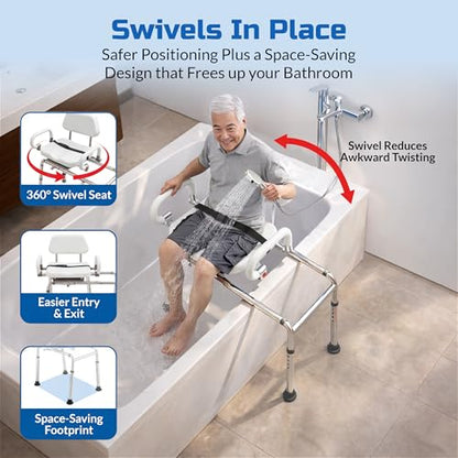 Carousel Sliding Shower Chair Tub Transfer Bench with Swivel Seat Elderly | Slide Safely In & Out of the Tub - White, padded seat, padded armrests, swivel seat, backrest, heavy-duty, extra-wide seat - color: White