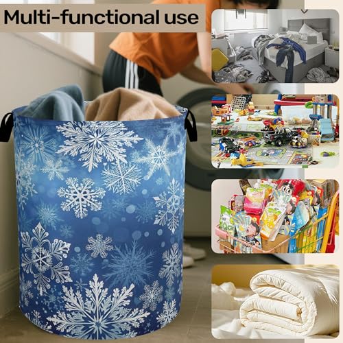 Winter Snowflakes Large Clothes Hamper Bag - Laundry Basket with Handles, Space Saving Foldable Design for Nursery - color: Winter Snowflakes