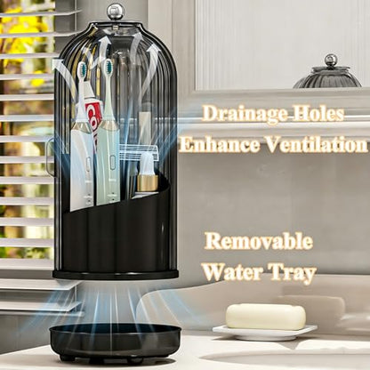 Drainable Toothbrush Toothpaste Holders with Cover, Gray Black | Drainage Holes, Waterproof and Dustproof, 360° Rotating Base, Sliding Door, for Bathroom Counter - color: Gray Black
