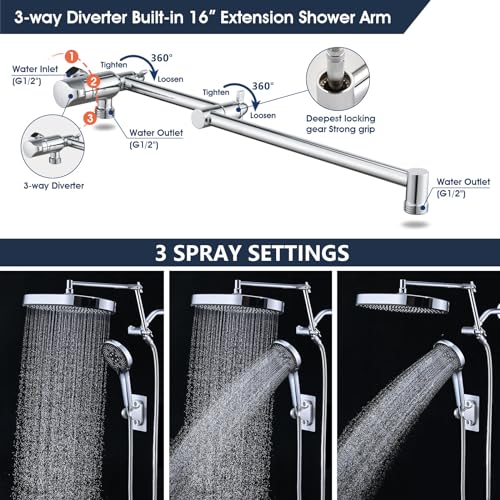 PDPBath 14 Inch Rain Shower Head with 5+1 Settings Handheld Spray Combo, High Pressure Rainfall Shower Head with 16'' Upgrade Adjustable Extension Arm, 79" Extra Long Hose, 3-Way Diverter, Chrome - color: Chrome
