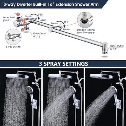PDPBath 14 Inch Rain Shower Head with 5+1 Settings Handheld Spray Combo, High Pressure Rainfall Shower Head with 16'' Upgrade Adjustable Extension Arm, 79" Extra Long Hose, 3-Way Diverter, Chrome - color: Chrome