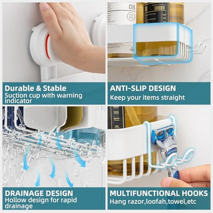 TAILI Shower Caddy Suction Cup Rustproof Metal Visible indicator White | 2 Pack Rustproof,No Drilling Wall Mounted Basket, Upgraded Removable Suction Cup Bathroom Organizer Heavy Duty Shampoo - color: Visible indicator White x2