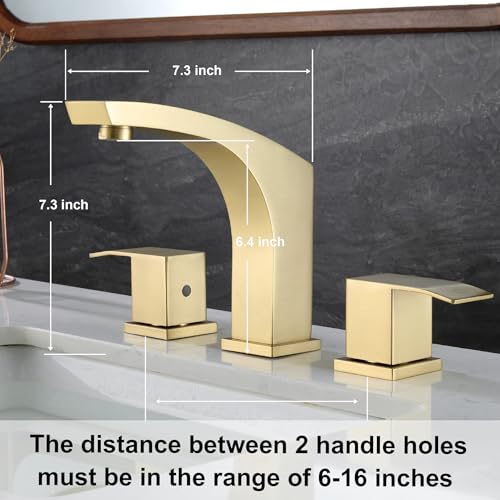 Brushed Gold 3 Hole 8 inch Widespread Bathroom Sink Faucet Modern | with Pop Up Drain and cUPC Supply Hose, 2 Handle 8 inch Brass Wide Spread Vanity Faucet, Restroom Basin Taps - color: Brushed Gold, size: 8 Inch Widespread