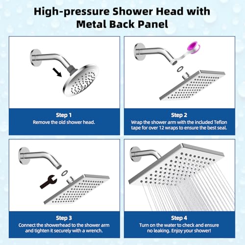 Hibbent cUPC Certified Thickness Metal 6'' Square Rain Shower Head, Chrome | High Pressure Shower Head, Bathroom Waterfall Shower Heads, High Flow Fixed Showerheads with Adjustable Brass Ball Joint - color: Chrome, style: Square 6''