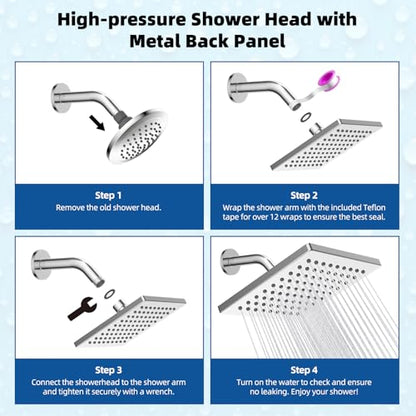 Hibbent cUPC Certified Thickness Metal 6'' Square Rain Shower Head, Chrome | High Pressure Shower Head, Bathroom Waterfall Shower Heads, High Flow Fixed Showerheads with Adjustable Brass Ball Joint - color: Chrome, style: Square 6''