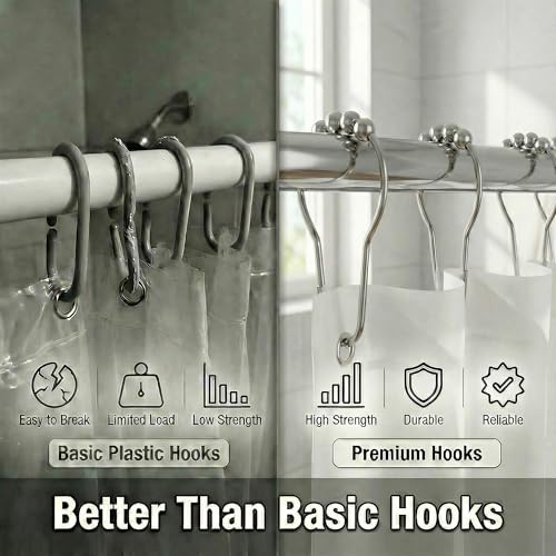 Shower Curtain Hooks Rings Set of 12, Rust Resistant Metal Double Glide Shower Hooks with Smooth Roller Balls for Bathroom Shower Rods and Curtains Nickel - color: Nickel