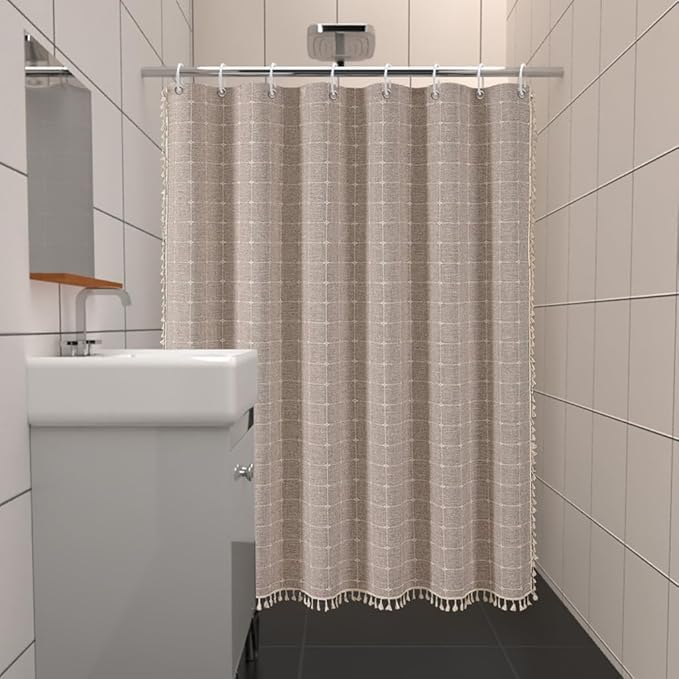 Farmhouse Brown Shower Curtain - Boho Modern Linen Fabric Shower Curtains for Bathroom, Chic Cute Wrinkle Free Thick Bathroom Curtain Set with Tassel - Bohemian Cloth Shower Curtain Long 71x79, Tan - color: Taupe, size: 71"W x 79"L (Pack of 1)