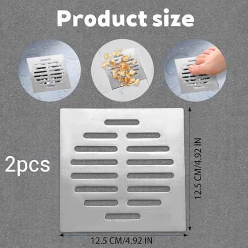 2PCS Square Shower Drain Cover, 5Inch Stainless Steel Bathroom Hair Catcher for Shower, Flat Floor Drain Cover for Bathroom, Kitchen