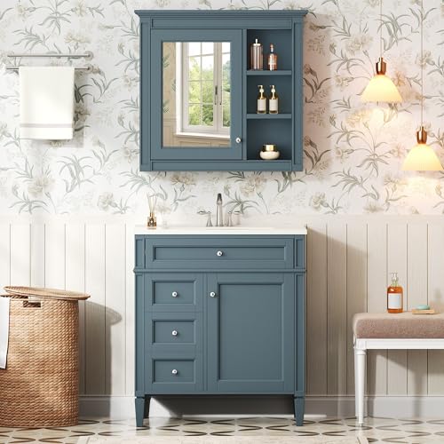 Marzzi 30" Bathroom Vanity Set with Matching Mirror Cabinet | Modern Single Sink Bathroom Vanity with Storage Cabinet, 2 Drawers & Tip-Out Drawer, Medicine Cabinet, Solid Wood Frame - color: Air Force Blue, size: 30"