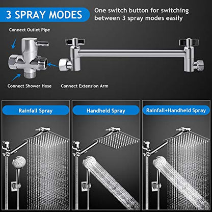 Shower Head Combo,8 Inch High Pressure Rain Shower Head with 11 Inch Adjustable Extension Arm and 5 Settings Handheld Shower Head Combo,Powerful Shower Spray Against Low Pressure Water with Long Hose - color: Chrome, size: 8" Showerhead Set