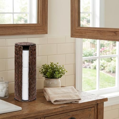 PINXIURY Water Hyacinth Paper Roll Holder, Wicker Toilet Paper Holder Stand for Bathroom, Toilet Roll Holder Stand for Bathroom and Under Sink, 3 Rolls of Toilet Paper Storage, Coffee - color: Coffee