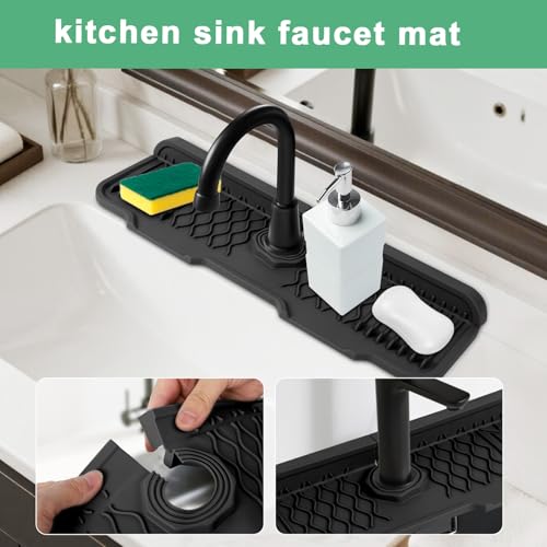 17 Inch Faucet Mat For Kitchen Sink Splash Guard Behind Faucet, ，5°Slope Fast Draining Silicone Mat , Dish Soap Sponge Holder for Bathroom Sink kitchen sink organizer (black, 17" x 6") - color: Black