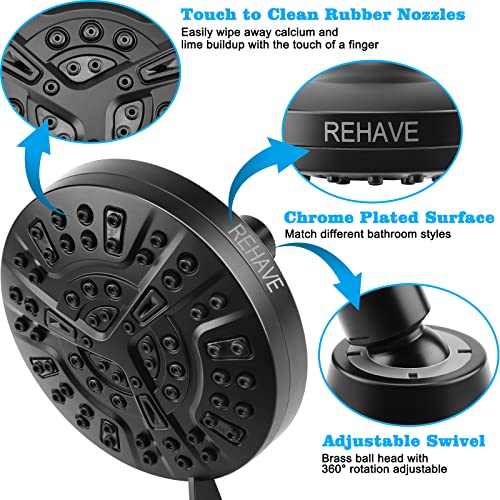 Shower Head, REHAVE Rainfall ShowerHead, 5.1 Inches High-Pressure with 63 Jets 8 Spray Modes - Replacement for Bathroom Shower Heads - Anti-Clogging Silicone Nozzles, Brass Angle-adjustable Ball Joint - style: Modern