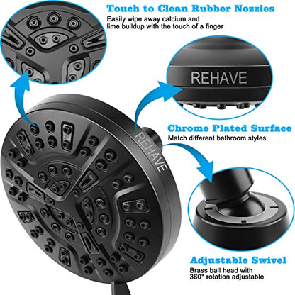Shower Head, REHAVE Rainfall ShowerHead, 5.1 Inches High-Pressure with 63 Jets 8 Spray Modes - Replacement for Bathroom Shower Heads - Anti-Clogging Silicone Nozzles, Brass Angle-adjustable Ball Joint - style: Modern