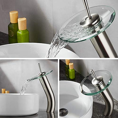 Waterfall Bathroom Faucet Glass Single Handle Solid Brass Basin Lavatory Vessel Sink Vanity Faucet,Tall,Brushed Nickel - color: Brushed Nickel
