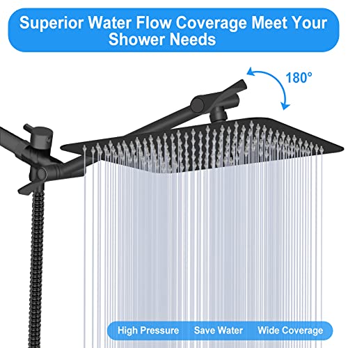 Shower Head, Kaqinu 8'' High Pressure Rainfall Shower Head/Handheld Showerhead Combo with 11” Extension Arm, Anti-leak Shower Head with Holder/Hose, Flow Regulator - Matt Black - color: Matt Black, size: 8 Inch