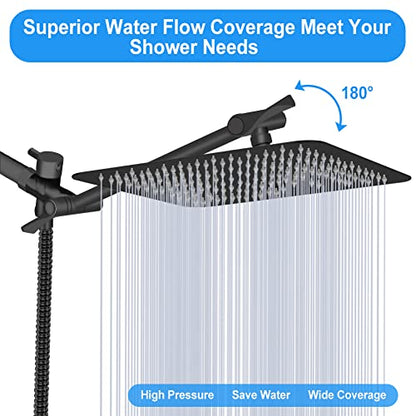 Shower Head, Kaqinu 8'' High Pressure Rainfall Shower Head/Handheld Showerhead Combo with 11” Extension Arm, Anti-leak Shower Head with Holder/Hose, Flow Regulator - Matt Black - color: Matt Black, size: 8 Inch