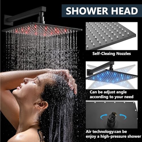 Aolemi Shower Faucet Set with Valve Handheld 12" LED Head Matte Black | Handheld Spray,12 Inch Rain LED Head,Valve and Trim Kit,All Metal,Wall Mount Shower System,Bathroom Mixer - color: Black, size: 12 Inch LED Shower Head