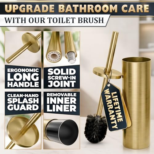 Stainless Steel Toilet Brush and Holder Set, Splash Guard (Gold) | Toilet Bowl Brush and Holder, Removable Inner Bowl, Dense Bristles, Long Handle, Scratch Resistant, for Modern Bathrooms - color: Gold