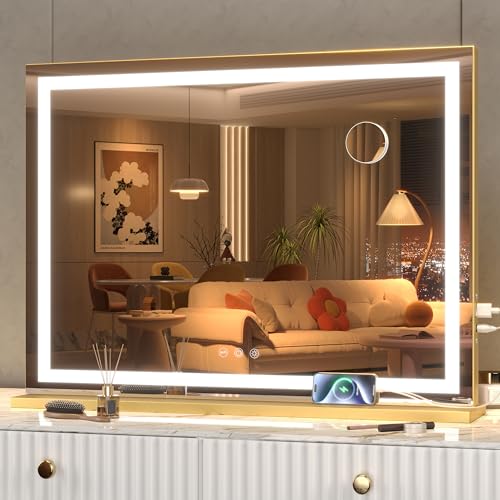 Hasipu Vanity Mirror with Lights, 23" x 18" LED Makeup Mirror, Lighted Makeup Mirror with Dimmable 3 Modes, Touch Screen Control Vanity Mirror Square Gold - color: Gold, size: 23"L x 18"W