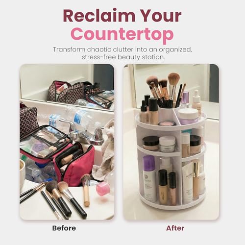 Masirs 360 Rotating Makeup Organizer Countertop, Adjustable Shelf, White | 360-Degree Rotating Makeup Organizer, Adjustable Shelf Height, Cosmetic Perfume Skincare Storage, Vanity Countertop, White - color: White