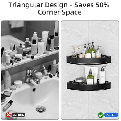 Wisfame Black Corner Shower Caddy, Triangle Shower Shelf No Drilling, Metal | Rustproof Aluminium, Adhesive & Drill Installation, Wall Mounted, 2 Pack, Bathroom Shampoo Holder for Toiletries