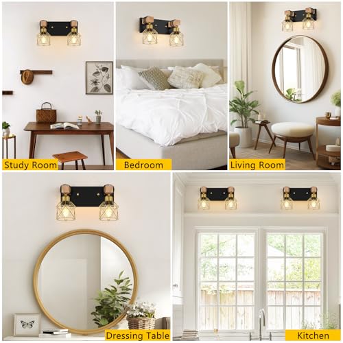 FadimiKoo Rustic Style Wood Bathroom Wall Sconces, 2-Light Black Gold Bathroom Vanity Light Fixtures with Metal Shade, Light Fixtures Wall Mount for Living Room, Hallway, Dressing Table - color: Black & Gold, size: 2-Lights
