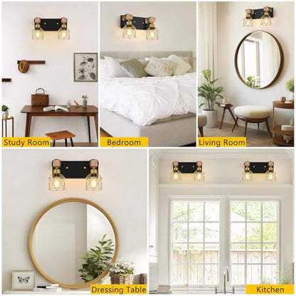 FadimiKoo Rustic Style Wood Bathroom Wall Sconces, 2-Light Black Gold Bathroom Vanity Light Fixtures with Metal Shade, Light Fixtures Wall Mount for Living Room, Hallway, Dressing Table - color: Black & Gold, size: 2-Lights