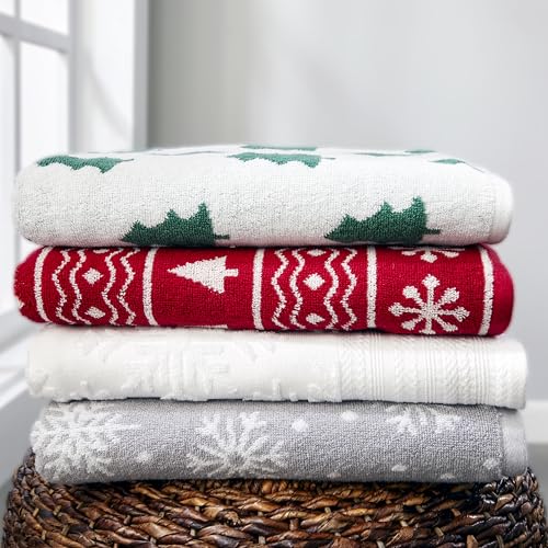 SKL Home Christmas/Winter Fair Isle Bath Towel, 100% Cotton Jacquard, Red | 500 GSM. Soft & absorbent terry with reversible pattern. Great for holiday gifting. - color: Fair Isle, style: Bath Towel
