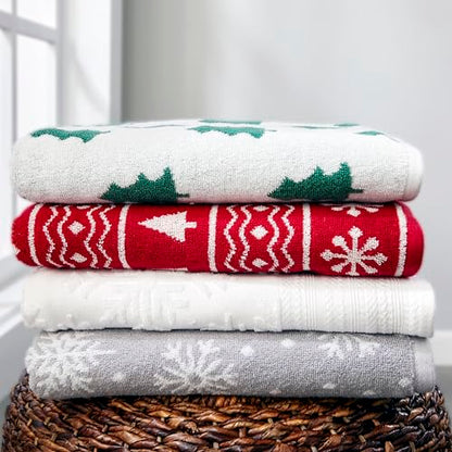 SKL Home Christmas/Winter Fair Isle Bath Towel, 100% Cotton Jacquard, Red | 500 GSM. Soft & absorbent terry with reversible pattern. Great for holiday gifting. - color: Fair Isle, style: Bath Towel