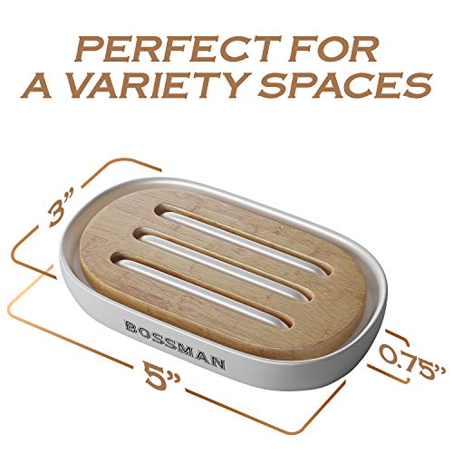 Bossman Soap Dish - Bathroom and Shower Soap Bar Holder - Premium Ceramic Base - Removable Natural Bamboo Soap Tray (White) - color: White