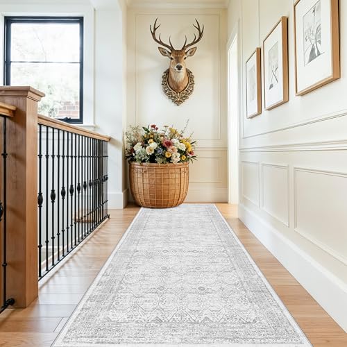 Rug Runners 3x10 Washable Hallway: Non Slip Farmhouse Kitchen Carpet with Rubber Backing for Entryway Long Soft Vintage Indoor Floor Mat for Bathroom Bedroom (Grey/Ivory 3'x10') - color: Grey, size: 3' x 10' (Rectangular)