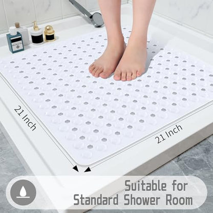 Yimobra Square Shower Floor Mat Non Slip, 21"X21" Machine Washable Bath Tub Mat, Soft on Feet, Bathmat with Drain Holes and Suction Cups, Fast Draining, White - color: White, size: 21 X 21 Inch