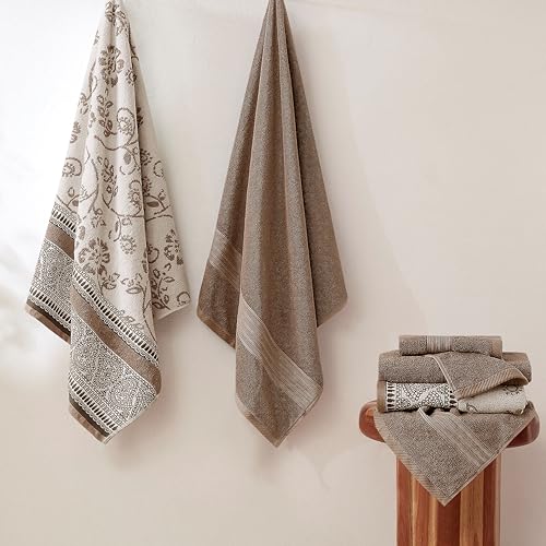 Modern Threads 6 Piece Bath Towel Set – Bathroom Set with 2 Bath Towels, 2 Hand Towels, and 2 Wash Cloths – 100% Cotton, Super Absorbent & Extra Soft – Reversible Floral Trail (Taupe Brown) - color: Taupe Brown