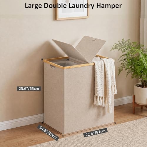 efluky Laundry Hamper with Lid, Double Laundry Basket with 2 Removable Bags, 2 Section Laundry Bin with Bamboo Handles for Bathroom, Bedroom & Laundry Room, 140L (36.9 Gallon) Oat - color: Oat, size: 140L Dual