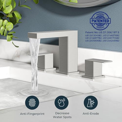FORIOUS 8 in Brushed Nickel Bathroom Faucet Waterfall 3 Holes, Commercial | Two Handle 3 Hole Bathroom Sink Faucet Brushed Nickel, Silver Waterfall Faucet for Bathroom Sink for Renovation and Upgrading - color: Stainless Steel, style: Transitional