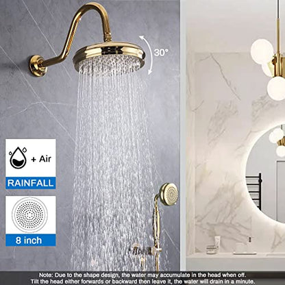 Enga Bright Gold Brass Shower Tub Faucet System Antique 8inch Rainfall Shower with Spout and Hand Spray - color: Bright Gold, style: 8" Head + Tub
