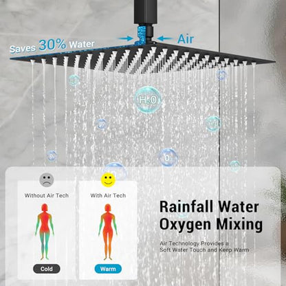 10" Square Ceiling Rain Shower Faucet Set,Matte Black | Anti-scald cartridge, air tech boosts pressure 30%, dual spray, NPT 1/2 - color: Matte Black, style: 10''-Ceiling Mount