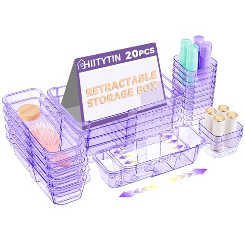 20 Pcs Adjustable Clear Drawer Organizer, Extendable Vanity Storage Bins, Desk Drawer Organizer Set for Makeup, Cosmetics, Bedroom, and Gadgets, Purple - color: Purple, size: 20 Pcs