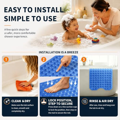 Yimobra Non Slip Bathtub Mat 40 x 16 Inch, Extra Long Shower Mat with Drain Holes, Machine Washable Baby Bath Mats, Strong Suction Cups for Bathroom Floor, Clear Navy Blue - color: Clear Navy Blue
