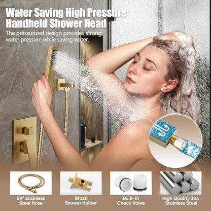 Gabrylly Rain Shower Head with Handheld Spray Combo, 10", Brushed Gold | All Metal Shower System, High Pressure Rainfall Shower Faucet Set, Solid Brass Shower Valve Complete Shower Set for Bathroom - color: Brushed Gold, size: 10 Inch