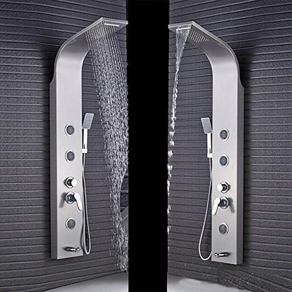 Brushed Nickel Bath Shower Panel Rainfall Waterfall Tower Shower Column with Body SPA Massage Jets Spray Nozzle Tub Faucet Spout