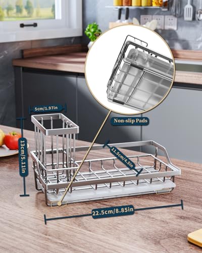 Consumest Sink Caddy, Kitchen Sponge Holder with Dish Brush Holder, Kitchen Sink Organizer with Drip Tray for Countertop Stainless Steel Rustproof, Silver-Large - color: Silver-l