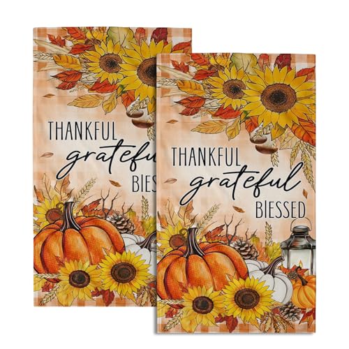 Giwawa Fall Autumn Towel Set of 2 Thankful Grateful Blessed Pumpkins Sunflowers Hand Face Towels Thanksgiving Harvest Soft Microfiber Gym Spa Dish Towel for Bathroom Guest Hotel Season Decor - color: Thankful