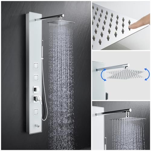 8" Wall Mount Glass Shower Panel Tower System Stainless Steel White | 51 inch Tempered glass shower panel | 8" rain shower head | 14.5" shower arm | 304 stainless steel | Wall mount - style: Square Shower