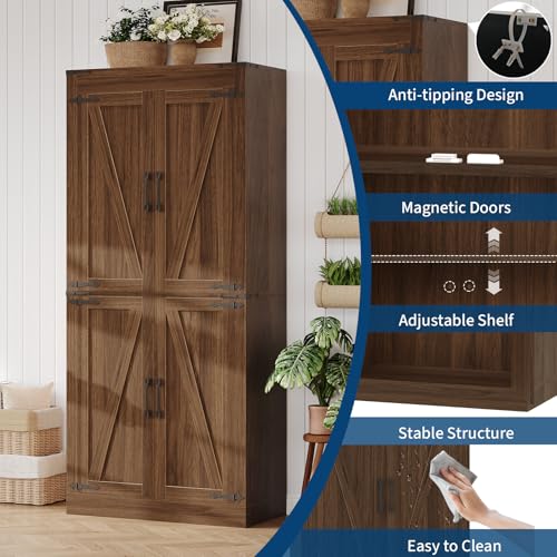 GarveeHome 71 in Tall Farmhouse Kitchen Pantry Storage Cabinet with 4 Barn Doors and Adjustable Shelves, Freestanding Rustic Wood Cupboard Storage Cabinets for Kitchen, Dining Room, Bathroom, Brown