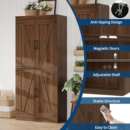 GarveeHome 71 in Tall Farmhouse Kitchen Pantry Storage Cabinet with 4 Barn Doors and Adjustable Shelves, Freestanding Rustic Wood Cupboard Storage Cabinets for Kitchen, Dining Room, Bathroom, Brown