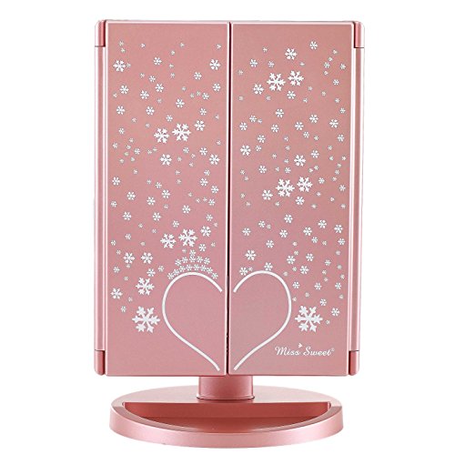 Miss Sweet Lighted Trifold Makeup Mirror Tabletop Mirror Vanity Mirror for Beauty Makeup (A Rose Gold)